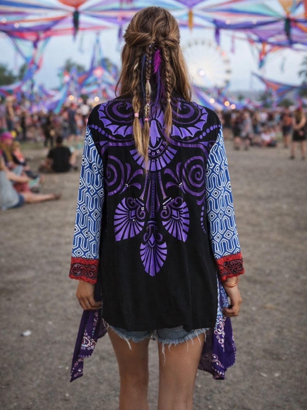 Usindo Boho Beaded Cardigan Jacket Sz S Y2K Patchwork Rayon Festival Kimono